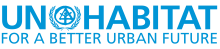 blue logo with text UN, followed by the logo of a stick figure in a triangle in a circle surrounded by olive wreaths, then text Habitat; below is text "For A Better Urban Future"
