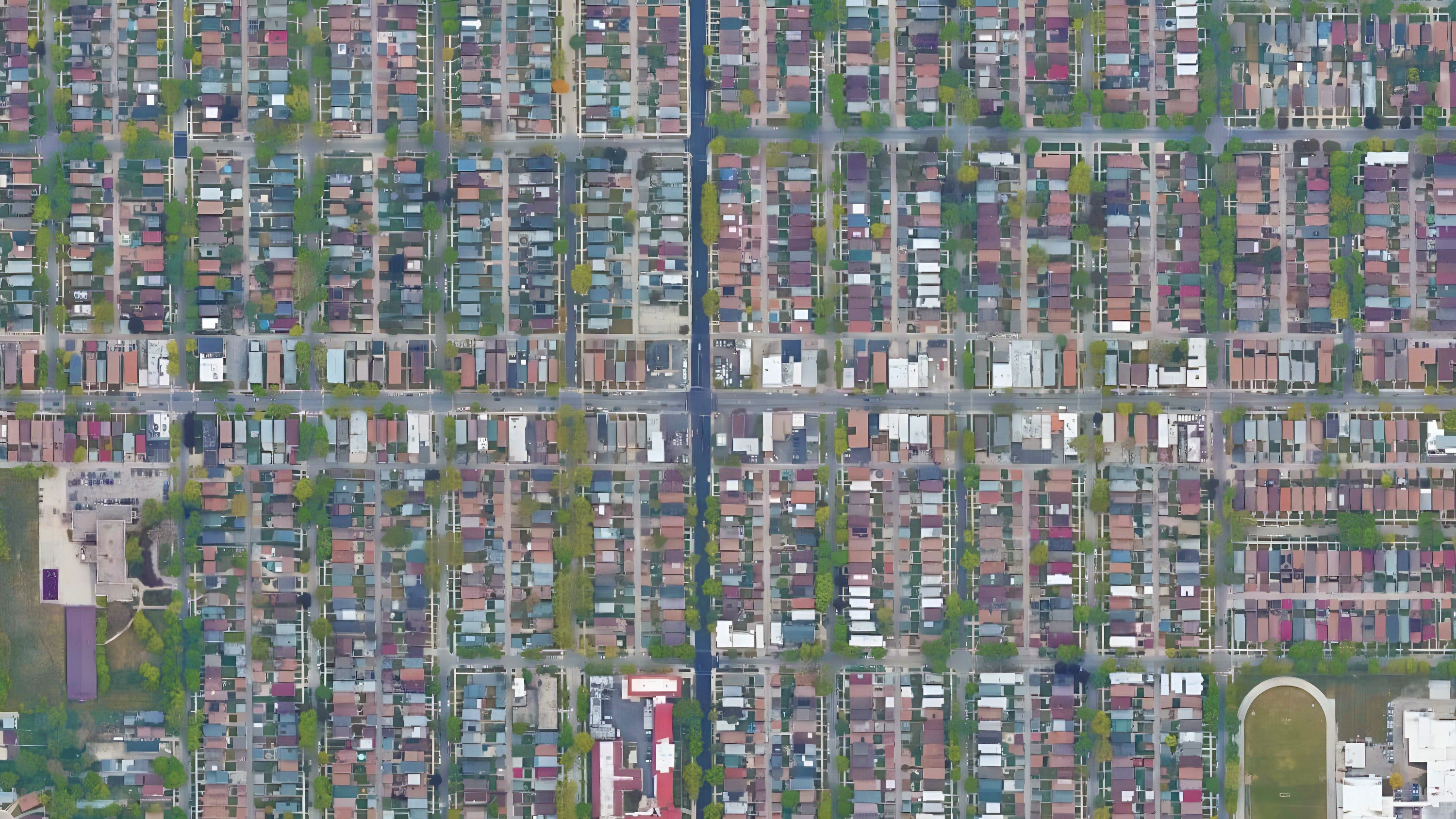 Rows of houses surrounded by streets and trees and grass as seen from above.