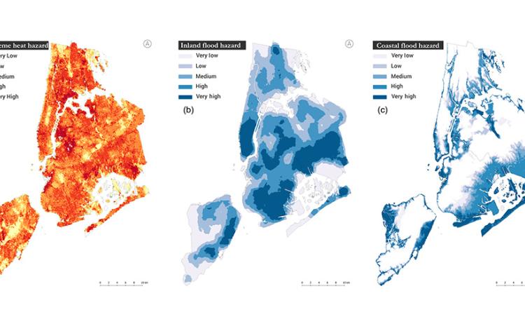 Three maps of New York City showing extreme heat hazard zones in red, yellow and orange; inland flood hazards and coastal flood hazards in shades of blue and white
