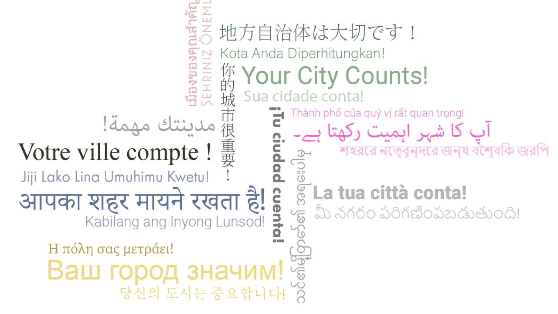 Your City Counts! written in multiple languages, each language is a different color