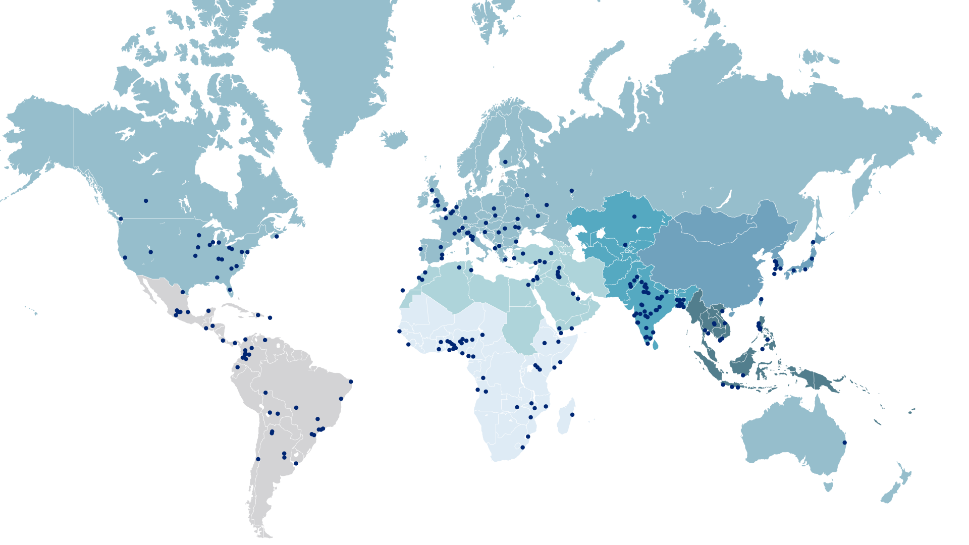 World map colored in various shades of blue with dark blue dots