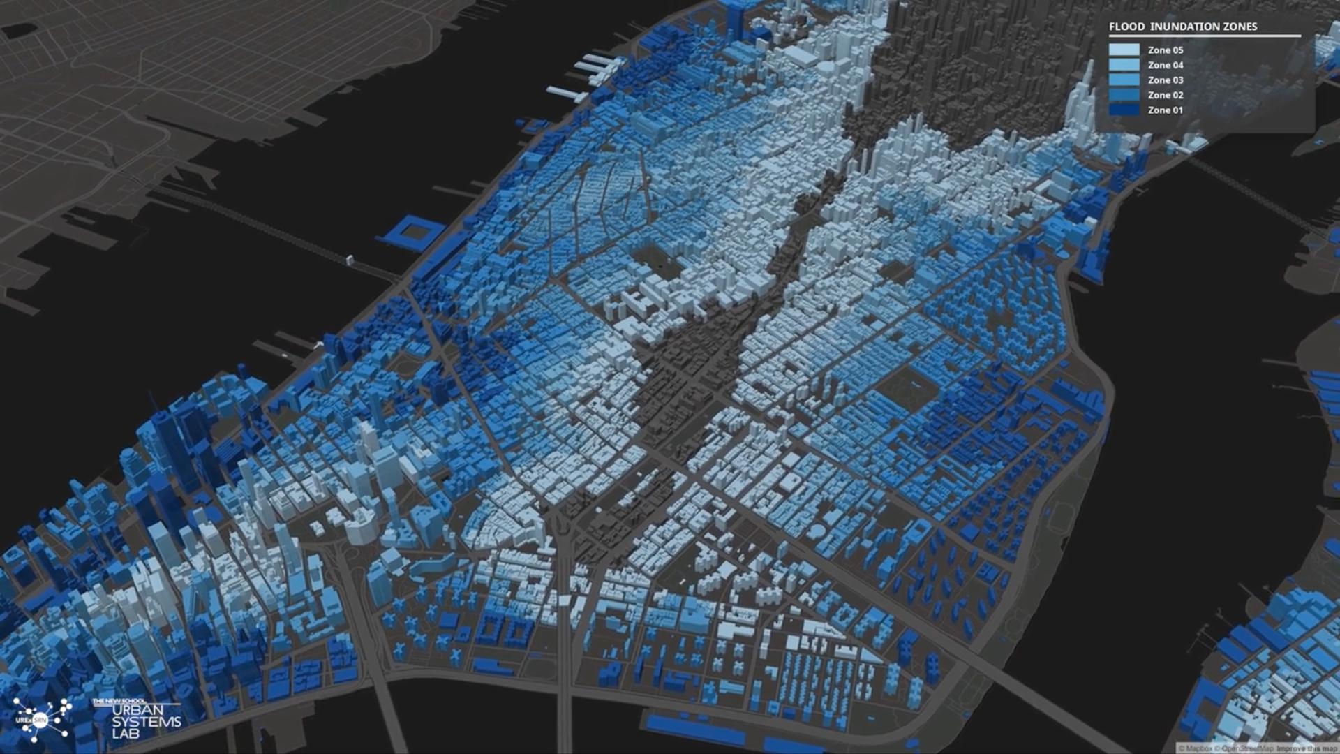 A digital representation of a city with blue, white, and grey rectangular shapes.